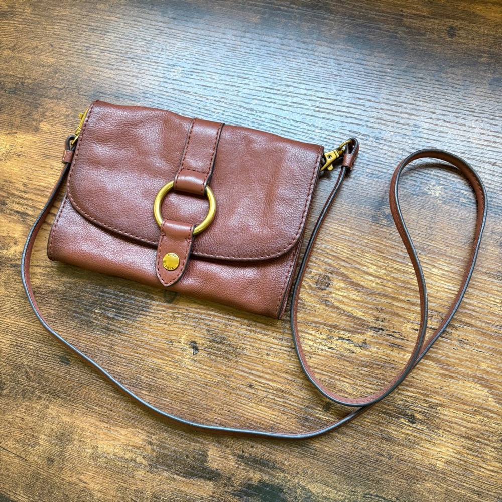 Frye Melissa Cognac Brown Leather Crossbody Bag Wallet on a String Ring Detail